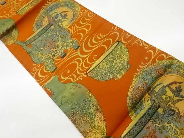 リサイクル　陶器に流水模様織出し袋帯